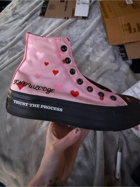 Converse Pink High-Top Sneakers with Red & Light Pink Hearts